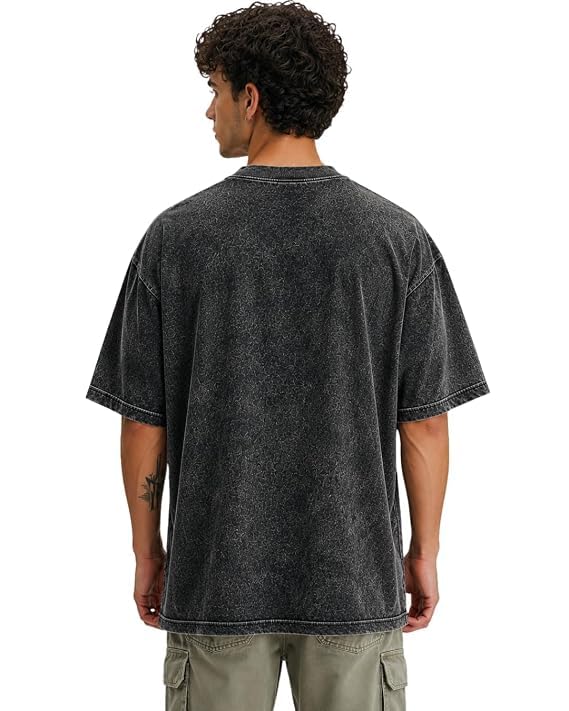 Image of VEL Heavy GSM Pure French Terry Cotton Men's Graphic Print Oversized Fit Half Sleeve Round Neck Cotton Acid Wash Print T-Shirt