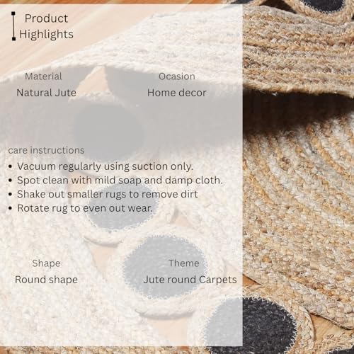Image of Rounds Jute Carpet - Handwoven Natural Fiber Rug for Living Room, Bedroom, Entryway | Boho Chic Eco-Friendly Area Rug | Rustic Designer Floor Mat:-(Jute Tikki Black, 4x4 feet