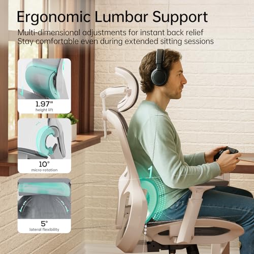 Image of Hbada P2 Ergonomic Office Chair, Office Chair with 3D Lumbar Support, Mesh Chair with 3D 360 Rotation Arms, 3D Headrest & Comfortable Seat, 135 Stepless Tilt Function, White