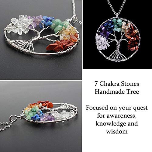 Image of Yellow Chimes Tree of Life 7 Chakra Stones Handmade Long Chain Pendant Necklace for Women and Girls
