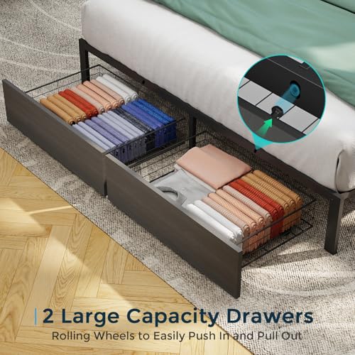 Image of Queen Bed Frame with 2 Storage Drawers, Queen Size Bed Frame, Rustic Grey | LED Light, Charging Station, Wood Headboard, Metal Platform, No Box Spring Needed, Noise Free, Easy Assembly