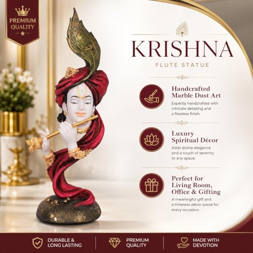 Image of ARMONIA Lord Krishna Idol Marble Dust Statue Murti for Home Decor, Pooja Room & Mandir | Krishna Sculpture Showpiece for Living Room| Housewarming Gift | 22.83 Inch | (Includes Microfiber Cloth)