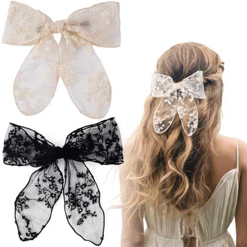 OIIKI 2pcs Pinzas para el Cabello con Lazo de Encaje, Clips Grandes de Lazo de Tul para Mujeres, Boda - Negro y Beige miniatura 1