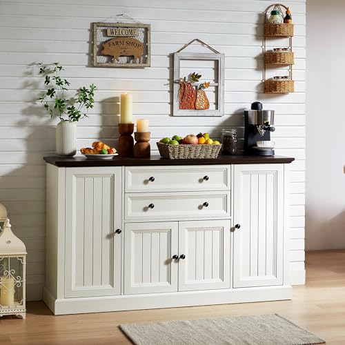 Ifget SYA23019 Farmhouse 58 Inch Buffet Cabinet With Storage, 34 Inch Tall Coffee Bar Cabinet W/2 Large Drawers & 4 Grooved Barn Doors, Wood Rustic Sideboard Buffet Cabinet thumb #2