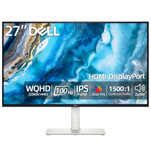 Image of Dell S27 inch QHD Monitor, 100Hz, IPS Panel, 4ms, 99% sRGB, 1500:1 Contrast Ratio, VESA, Low Blue Light, 2 x HDMI, 1x DisplayPort, 2x5W Speaker, Ultra-Thin bezels, Height /Tilt /Swivel /Pivot, White
