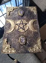 Grimório Artesanal Místico com Triluna e Pentagrama, Livro das Sombras em Capa Dura, 120 Folhas Brancas, 15,5 x 22,5 cm, Decorado com Pedras Naturais