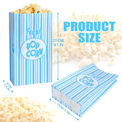 Image of Thenshop 200 Pcs Paper Popcorn Bags Flat Bottom 2 oz Disposable Film Individual Servings Oil Resistant Leak Proof Container Vintage Retro Blue and White Popcorn Sleeves Bags