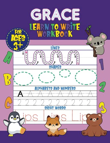 Grace Learn to Write Workbook - Lines, Shapes, Alphabets, Numbers, and Sight Words: Personalized Children Letter Tracing Workbook for Ages 3-5, ... with Colorful Pictures and Example Words image 2