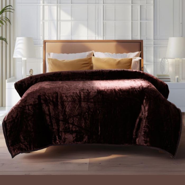 Image of ABRAZO 470 GSM Dual Season Mink Blanket 2.5 KG for AC Room & Mild Winter | Reversible Solid Color | Double Bed 220x240 cm Soft Blanket /Dohar /Quilt /Comforter - Mocha Brown