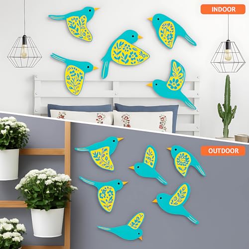 Image of GiftOday Wooden 3D 5 Pieces Birds for Wall Art Panel | Wood Bird Folk Art Wall Hanging Art Decoration Item for Living Room, Bedroom, Drawing Room, Dining Room & Office (Aqua) Pack of 1
