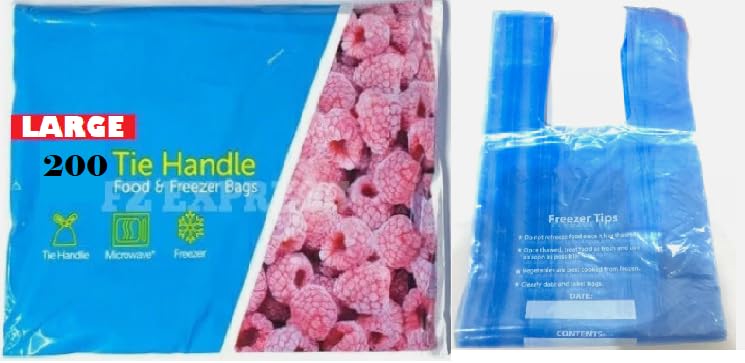 Food Freezer Bags with Tie Handles and Writable Panel | Extra Strong, Microwave Safe, Food Storage, Sandwich Bags, For Freezing (BLUE, L, 200)