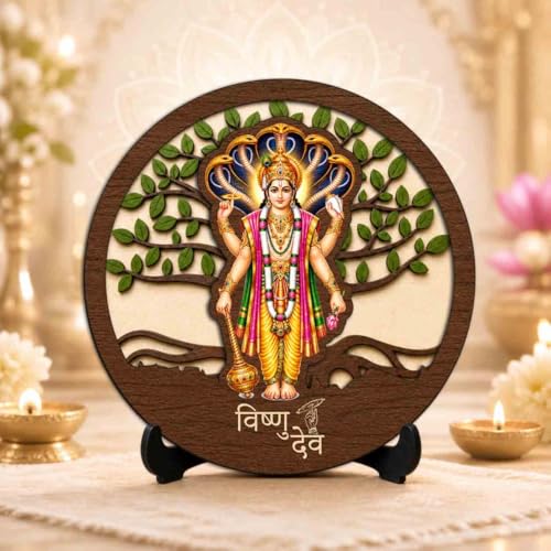 Image of Vishnu Ji Premium Wooden God Idol for Indoor Temple, Living Room Shelf, Work Desk & Puja Decor - 5x5 Inch