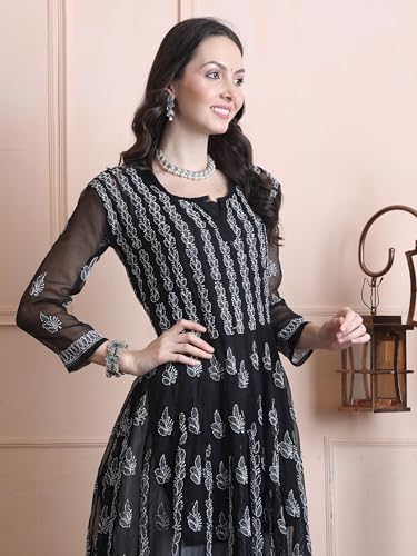 Image of FAWOMENT Women's Designer 56 Kali Kurta with Fine Lucknowi Hand Embroidered Chikankari