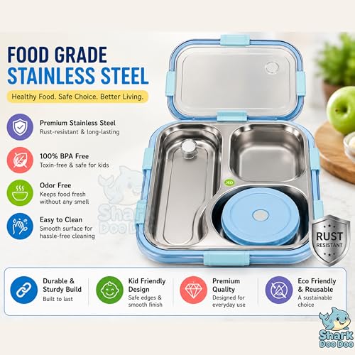 Image of Shark Doo Doo Bento 3 Compartment Stainless Steel Lunch Box with Steel Cutlery Inside | Heating & Water Insulation Design | Leak-Resistant | 750 ML | Office & School (Sky Blue)