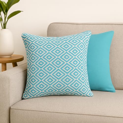 Image of Reversible 18x18 Teal Cotton Argyle Woven Pack of 1 Fashion Throw Pillow Covers Cases for Couch Sofa Home Decoration | 45x 45 cm