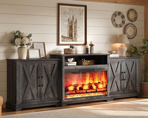 Image of AMERLIFE 97 inch Large Fireplace TV Stand for TVs up to 110 inch, Farmhouse Entertainment Center with 33 inch Electric Fireplace, Media Console with Storage Cabinets & Adjustable Shelf, Rustic Black