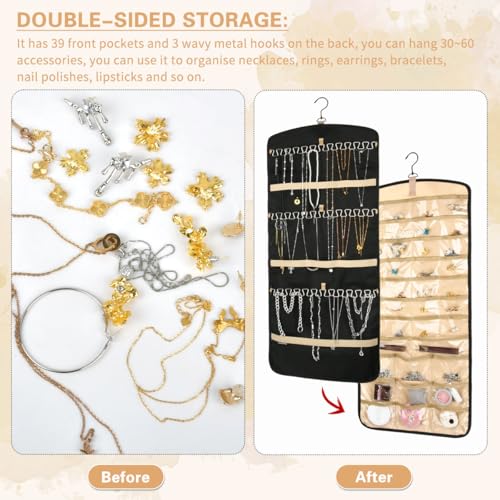 Schmuckschrank Hängend Schmuck Organizer mit Aufhänger, Doppelseitige Schmuckaufbewahrung Schmuckhalter Wand Faltbarer Schmuckständer für Ohrringe Halskette Ring Armband (39 Taschen + 42 Wellenhaken)