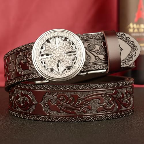 Unisex Ratchet Embossed Belt - Silver Hollow Floral Diamond Automatic Buckle Western Strap4
