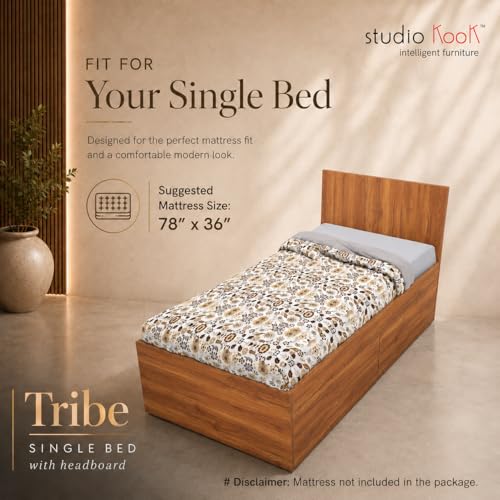 Image of Studio Kook Tribe with Headboard Engineered Wood Single Bed with Drawers (Amber Walnut, Right Side Drawer)