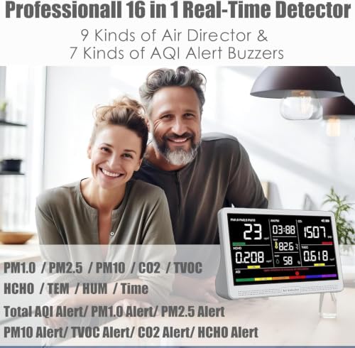 Image of Professional Indoor Air Quality Monitor with 7X AQI Beep Alarms,16 in 1 Portable Real-Time Detector for PM2.5 | PM10 | CO2 | TVOC | HCHO | Temp | Hum for Home Cars Plants Pets (Plain White)