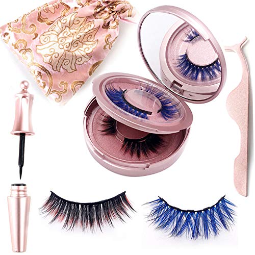 miaowang 6D Magnetic Brown Eyelashes and Magnetic Eyeliner Kit 3 Style with Tweezers (Blue and Dark Red)