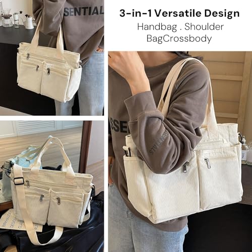 Image of YDF Corduroy Tote Bag for Women Crossbody Purse with Zipper, Aesthetic Multi Pocket Work School Bag, Gifts for Mom Teacher
