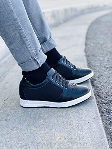 Image of TOTO Men's Invisible Height Increasing Elevator Shoes - Black Leather /Mesh Lace-up Casual Fashion Sneakers - 3.2 Inches Taller - A53272 - Size 6 D(M) US