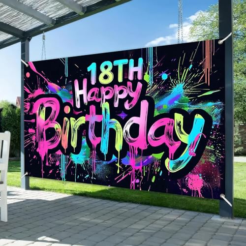 Image of HOMETITUTE Neon 18th Happy Birthday Banner 71x43 Inch Glow in The Dark Party Backdrop Colorful Wall Decor for Adults Boys Girls Eighteenth Birthday Celebrations Photo Booth Props Event Supplies