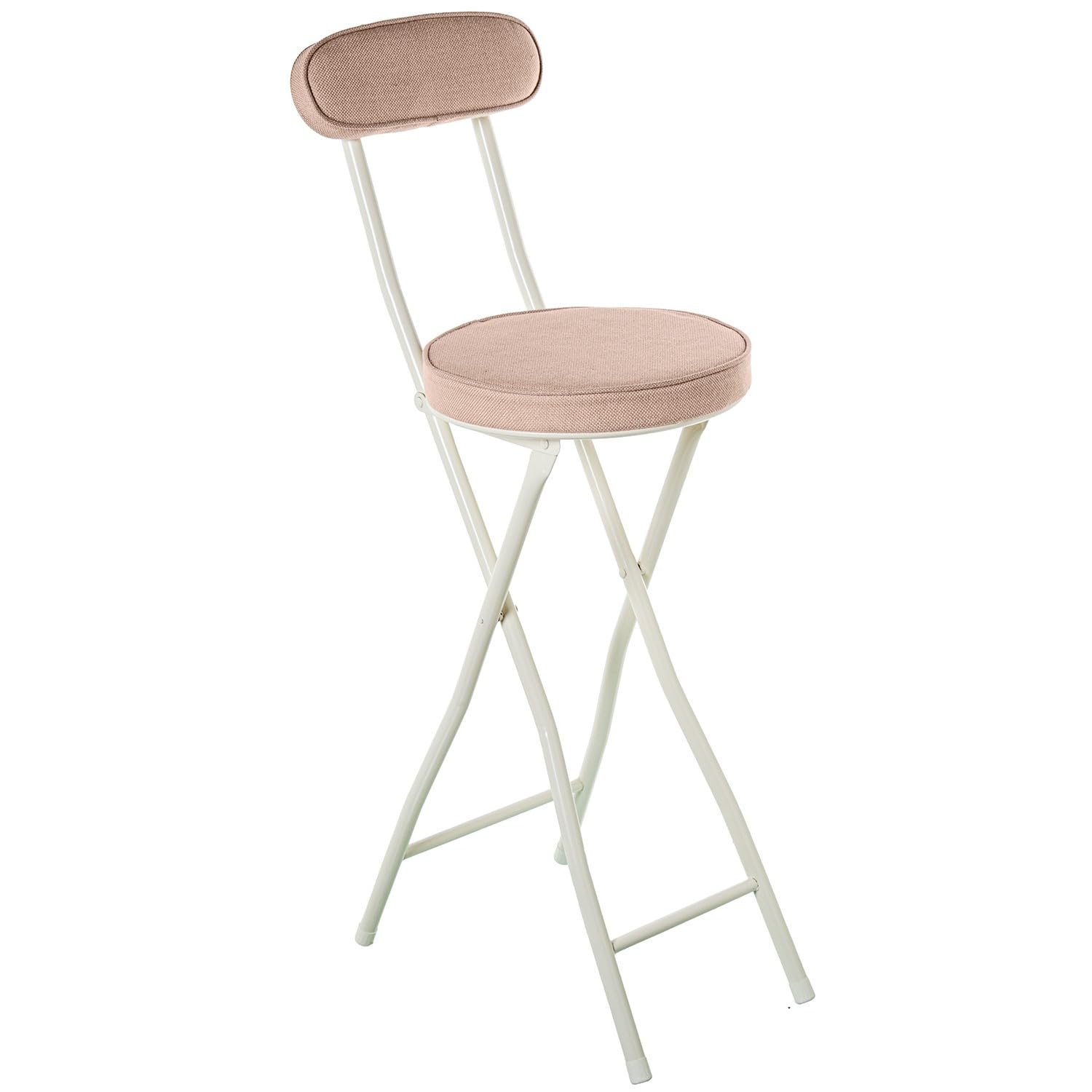 DRW Taburete Alto con Respaldo Plegable de Metal y Tela en Blanco y Beige 42x30x93 cm