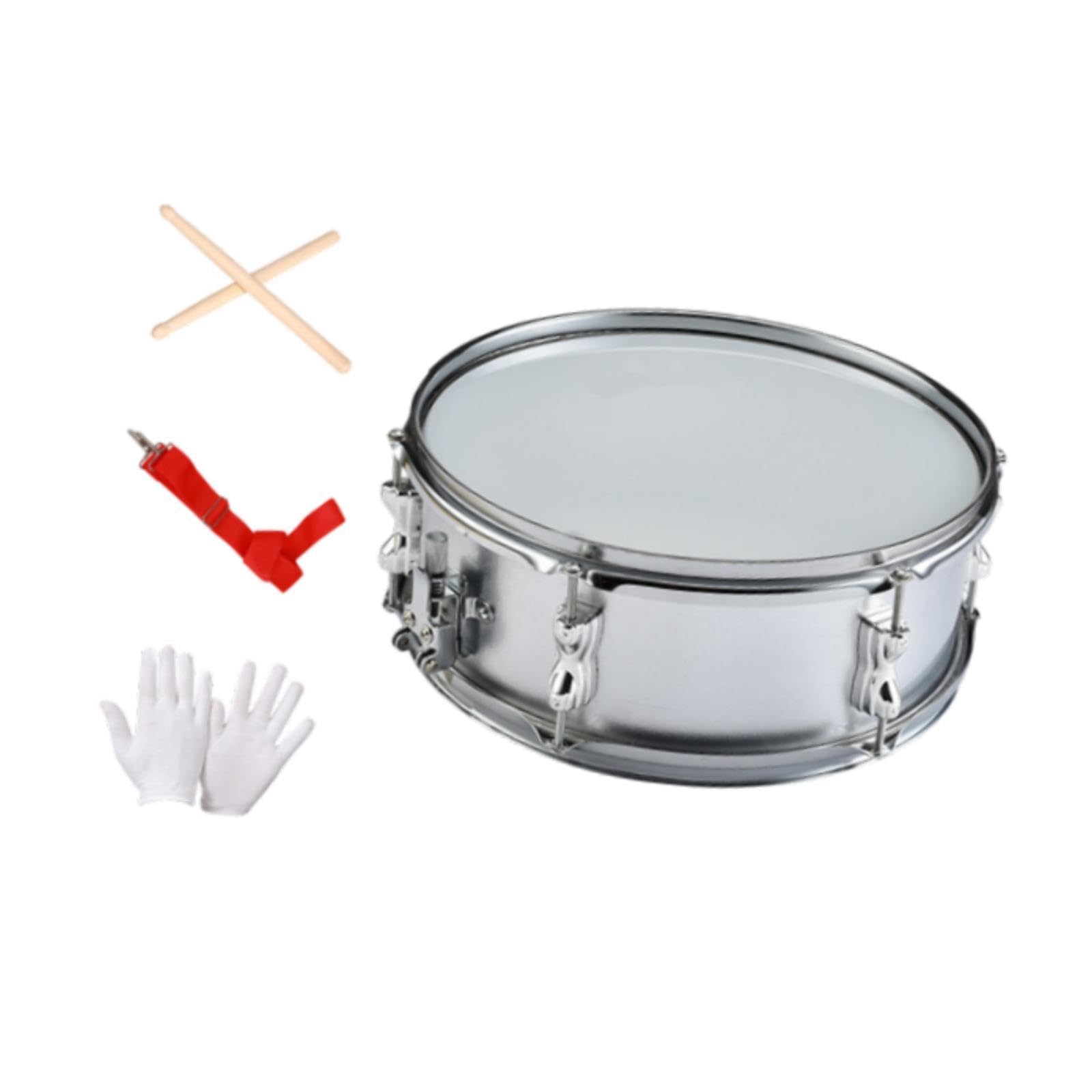 Generic Snare Drum de Percusión para Estudiantes Incluye Tambor Correa Ajustable Baquetas Y Guantes Fabricados en Acero Inoxidable Y Poliéster Adecuado para F, Silver 14 Inch