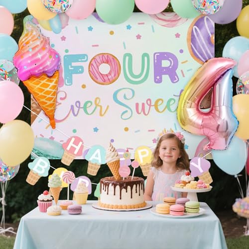 Image of Four Ever Sweet 4th Birthday Decorations for Girl Ice Cream 4 Year Old Birthday Decor Pink Donut Number 4 Balloon Backdrop Party Supplies