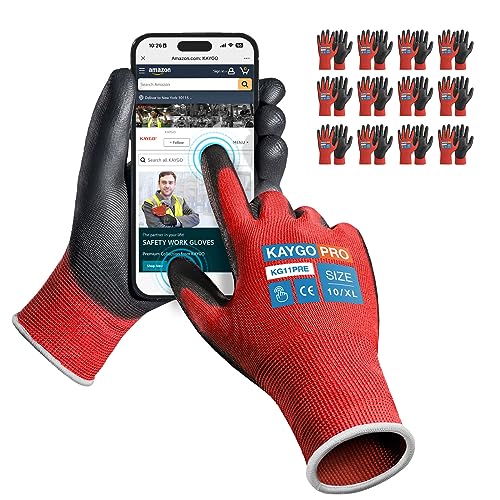Image of KAYGO Safety Work Gloves, PU Coated, 2-Finger Touchscreen, KG11P | Breathable & Lightweight, Smooth Grip, 13-Gauge Seamless Knit, for Light Warehouse, Manufacturing, Gardening