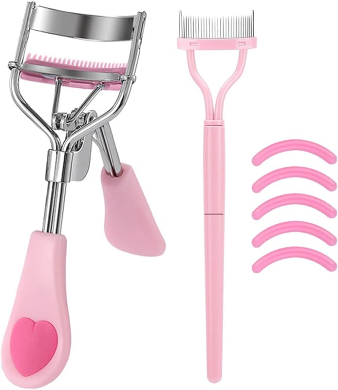 Curvador de cílios MERVK em aço inoxidável com pente, escova e 5 refis de silicone — Light Pink Set