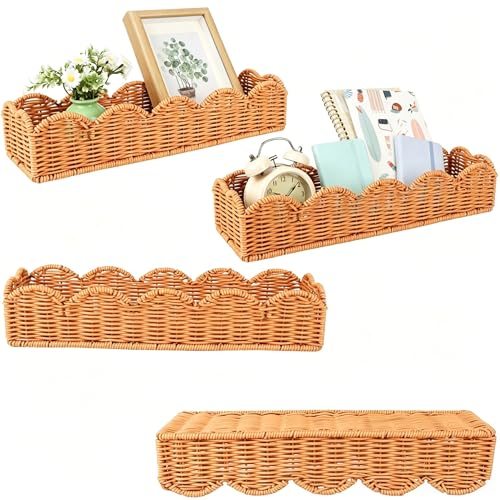 4 Set Nursery Book Shelves Scalloped Plastic Artificial Rattan Classroom Wall Shelf 15.8 Inch Wall Mounted Floating Bookshelve, Hanging Boho Wicker Woven Shelf for Bedroom Farmhouse Decor (4, Brown)