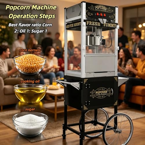 Image of 26oz Commercial Popcorn Machine Vintage Black Pop Corn Popper Cart | 26OZ Non-stick Stainless Steel Kettle, 3-Switch Control, Home Theater Style for Movie Night, Party, Office, School, Business