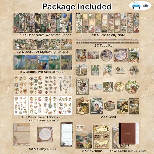 Image of FunBlast Aesthetic Scrapbooking Kit - 213 Pcs Vintage Junk Journal Supplies with Scrapbook Paper, Washi Stickers, A6 Grid Notebook, DIY Craft Journaling Gift for Teen, Girl, Adult (Dark Brown)