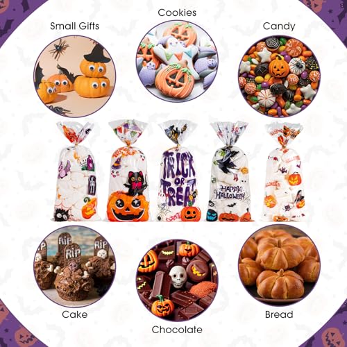 100 Pcs Happy Halloween Cellophane Treat Bags, Trick or Treat Candy Bag, Plastic Pumpkin Ghost Cookie Snack Goodie Goody Bags with Twist Ties for Halloween Gifts Wrap Party Decorations Supplies Favors - image 6