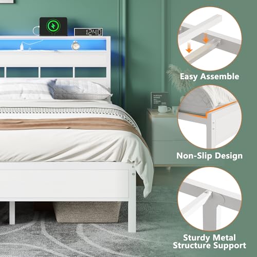 Image of Furnulem Queen Bed Frame with Storage Headboard and LED Lights, Metal Bedframe with Charging Station and USB Port, Queen Size Platform Bed with Heavy Duty Slats, No Box Spring Needed, White
