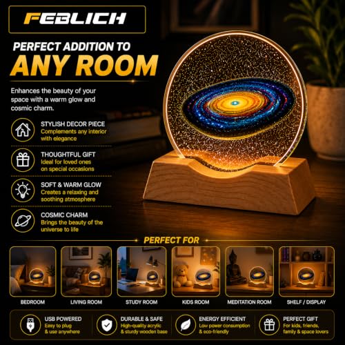 Image of 3D Acrylic LED Night Light - Warm White & Saturn Space Design with Durable Plastic Base, Decorative Table Lamp for Bedroom, Living Room, Kids Room, Study & Home Decor Gifting