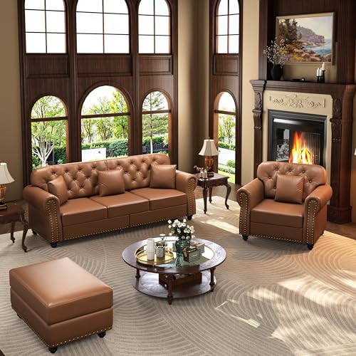 Image of KEIKI 2-Piece Chesterfield Sofa Set with 1 Faux Leather 3-Seater Sofa & 1 Single Sofa, Upholstered 4-Seater Couch Set with Nailhead Trim & Rolled Arms & 1 Ottoman & 4 Pillow, for Living Room, Brown