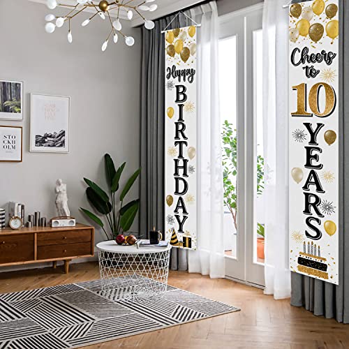 Happy 10th Birthday Decorations,10th Gold Balloon Birthday Theme Door Hanging Banner Sign,Cheers to Ten Years Old Bday Party Supplies.