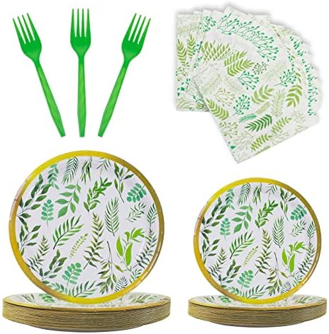 96Pcs Tropical Palm Leaves Party Supplies, Hawaiian Luau Plates and Napkins, Green Leaves Jungle Disposable Dinnerware Paper Plate for Kids Birthday Dessert Tea Party Decoration(Serve 24 Guests)