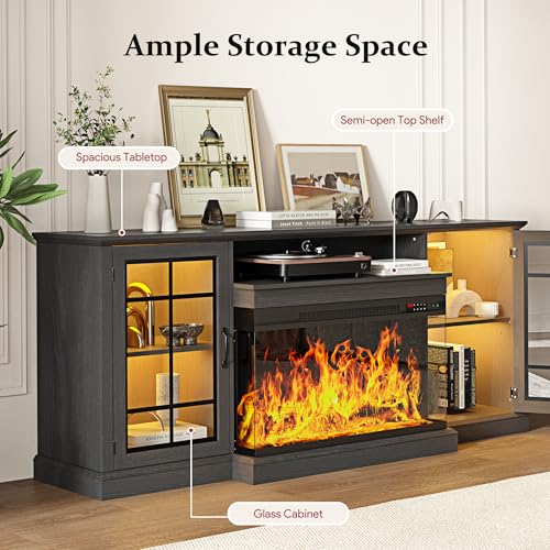 Image of MXV 80'' Fireplace TV Stand, Farmhouse Entertainment Center with 3 Sided Glass TV Stand, Modern Media Console Table with Storage Drawers & Cabinets with LED Flame and Lights for Living Room, Black