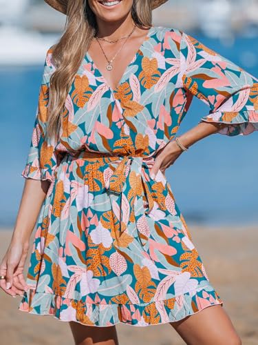 Image of CUPSHE Beach Dress for Women Casual Summer V Neck Tropical Half Sleeves Belted Ruffled Vacation Mini Dress