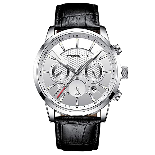 Image of CRRJU Men's Business Casual Chronograph Quartz Waterproof Wristwatch Black Leather Strap