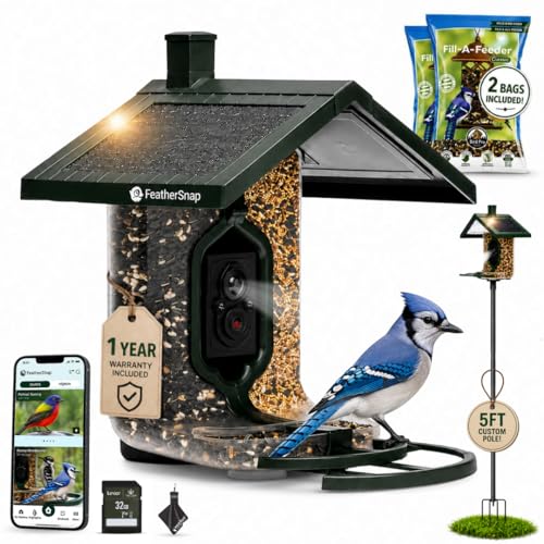 FeatherSnap Smart Bird Feeder with Camera Solar Powered AI Bird ID 1080p HD Night Vision Pole 2 Seed Bags 32GB SD Card & Cleaning Cloth