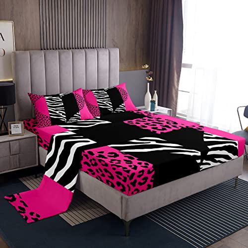 Zebra Leopard Sheet Sets King Abstract Patchwork Pink Heart Bedding Comforter 4Pcs for Kids Girls Women Room Decor Wild Animals Skin Deep Pocket Sheet Modern Romantic Fitted Flat Sheet,2 Pillowcases