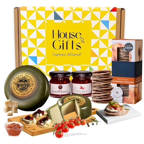 Luxury Cheese & Chutney Mini Hamper Gift Box with Mature Cheddar Truckle Hot Chilli Jam Sweet Chilli Jam & Savoury Crackers Artisan Cheese Board Hampers Gift Set Sharing Platter