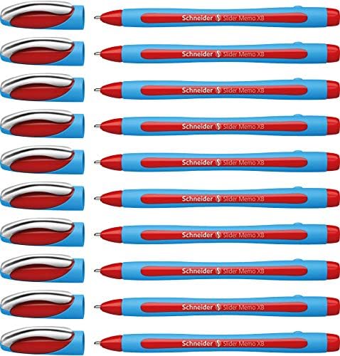 Schneider Slider Memo XB (Extra Broad) Ballpoint Pen, 1.4 mm, Light Blue Barrel, Red Ink, Box of 10 Pens (150202)