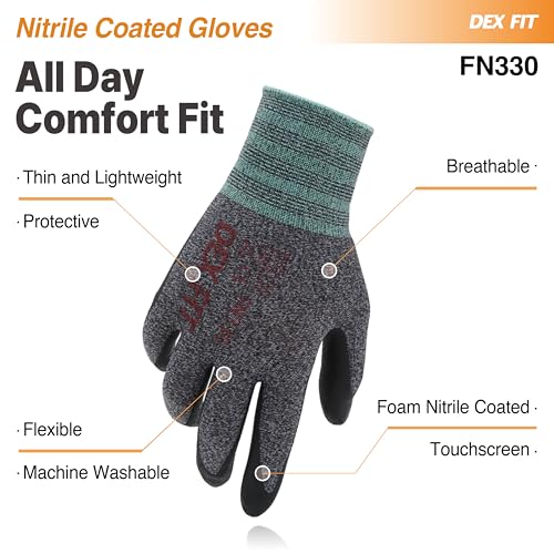 DEX FIT Nitrile Work Gloves FN330, 3 Pairs, 3D-Comfort Stretchy Fit, Firm Grip, Thin & Lightweight, Touch-Screen Compatible, Durable, Breathable & Cool, Machine Washable; Black Grey L (9) - Thumbnail 4